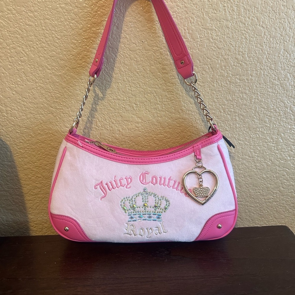 Juicy Couture Pink and White Shoulder Bag with Silver Chain